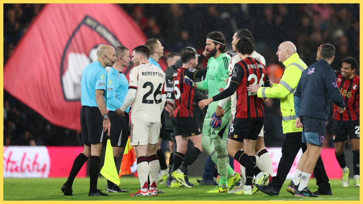 Andy Robertson of Liverpool questions the assistant referee at the full time whistle during the Premier League match between Bournemouth and Liverpool at Vitality Stadium