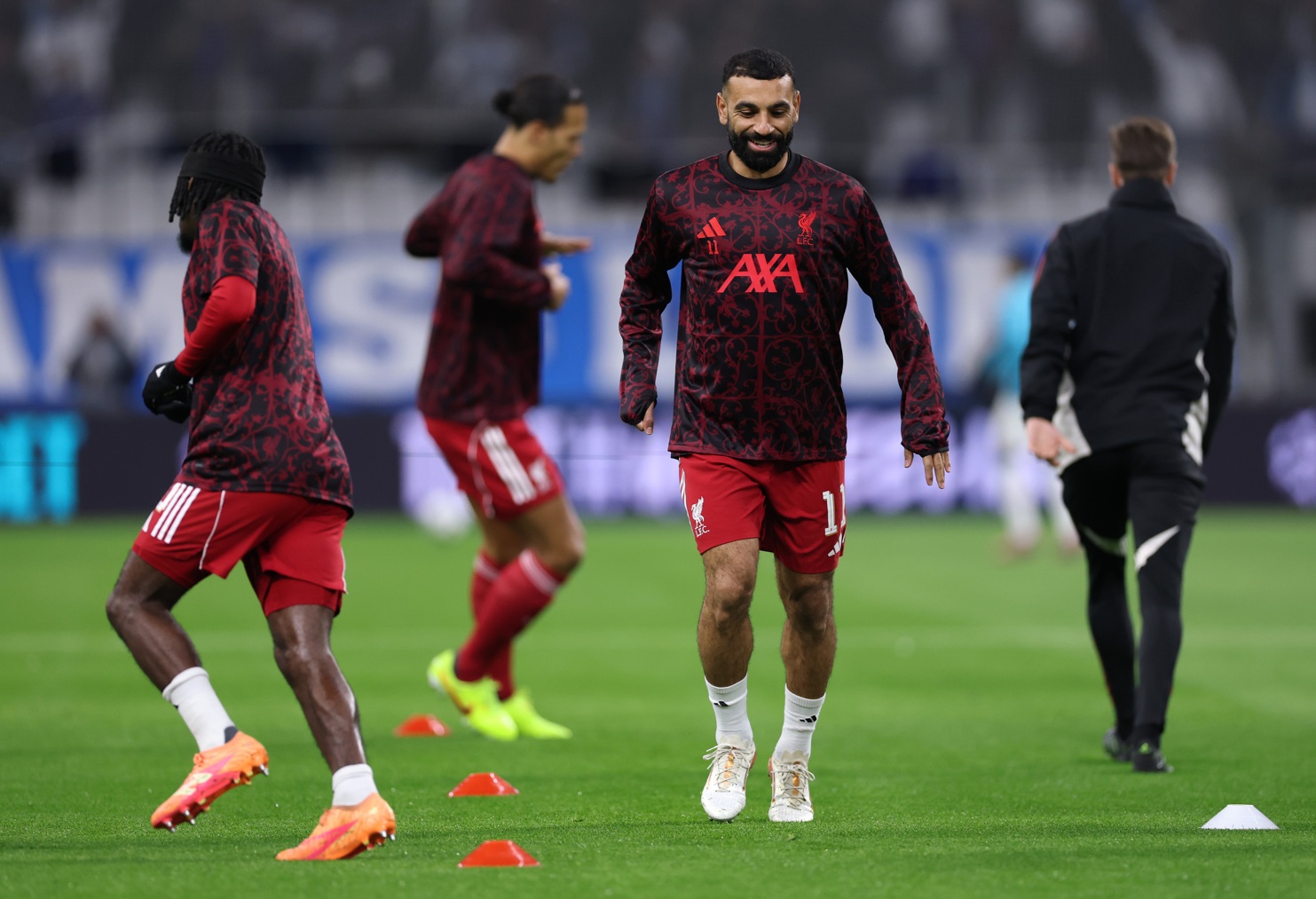 Mo Salah pictured during the warm-up prior to Liverpool's match against Marseille