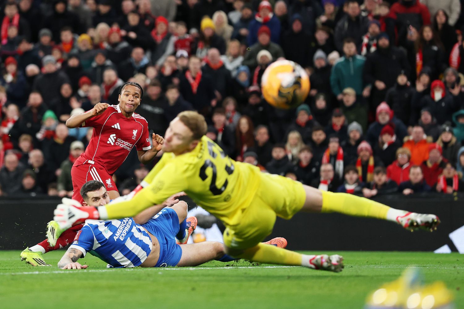 Rio Ngumoha of Liverpool scores a goal which is later ruled out for offside during the Emirates FA Cup Fourth Round match between Liverpool and Brighton