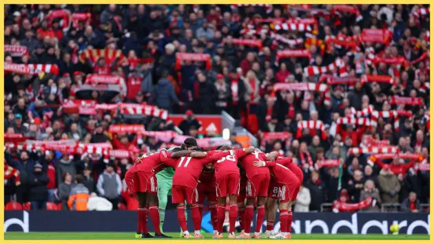 Liverpool form a team huddle prior to the Premier League match between Liverpool and Nottingham Forest