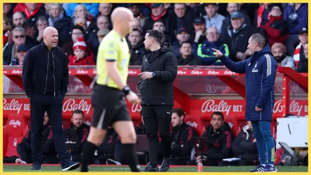 Arne Slot, Manager of Liverpool, interacts with Vítor Pereira, Manager of Nottingham Forest