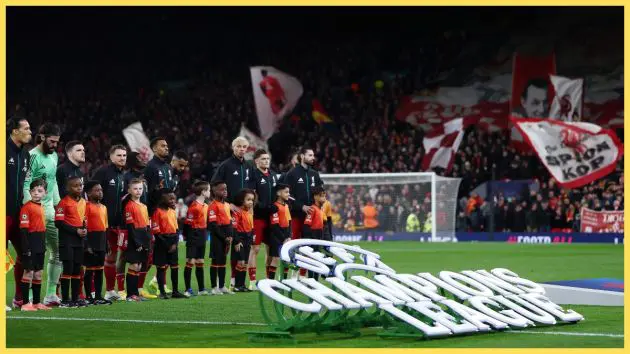 Liverpool players line up for the start of the UEFA Champions League 2025/26 League Phase MD8 match between Liverpool FC and Qarabag