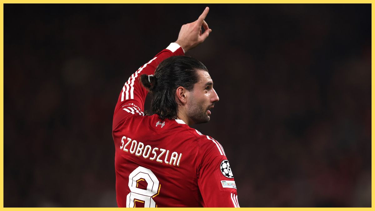 Dominik Szoboszlai celebrates scoring against Galatasaray