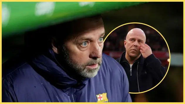 Hansi Flick looks on as Arne Slot scratches his face.
