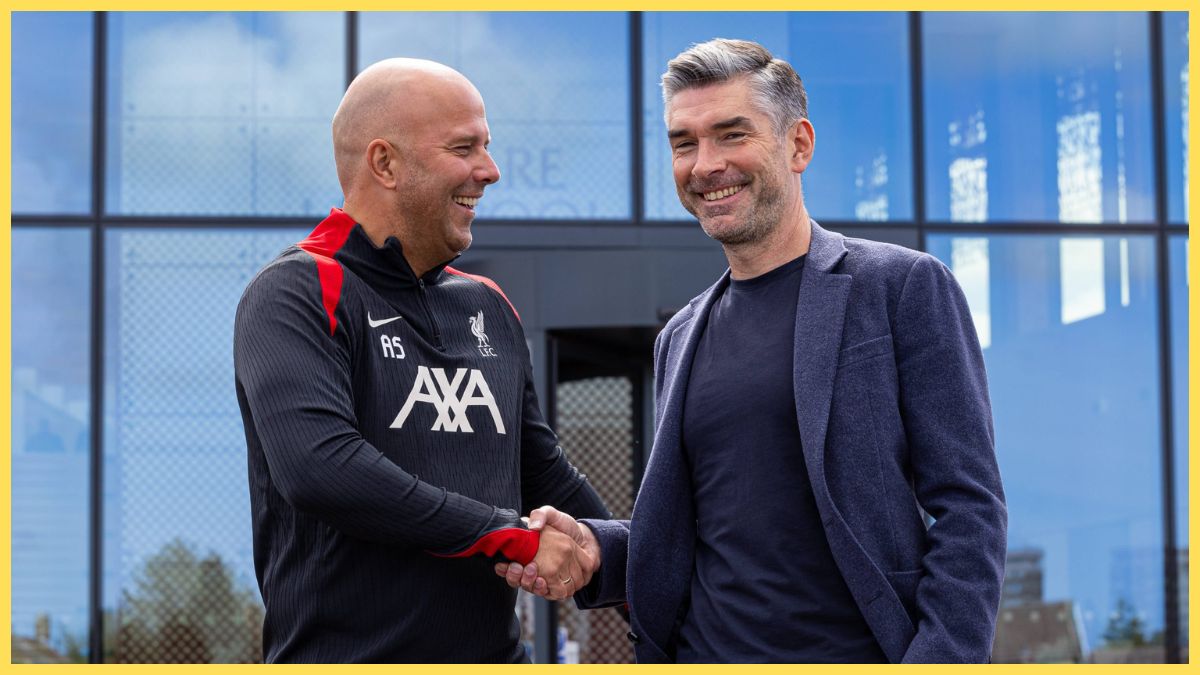 Arne Slot shakes hands with Liverpool sporting director Richard Hughes.