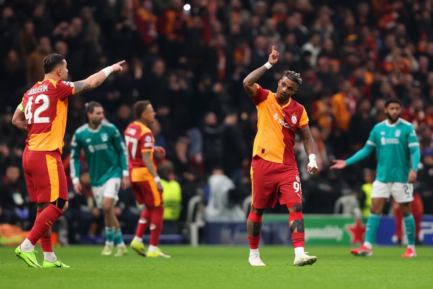 Mario Lemina celebrates scoring Galatasaray's winner against Liverpool