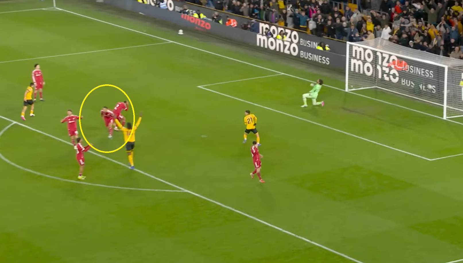 Virgil van Dijk (circled) turns around to berate Federico Chiesa after Andre Trindade's stoppage-time winner for Wolves