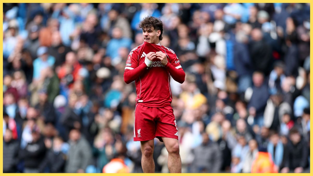 Milos Kerkez of Liverpool reacts at full time, following defeat during the Emirates FA Cup Quarter Final match between Manchester City and Liverpool at Etihad Stadium