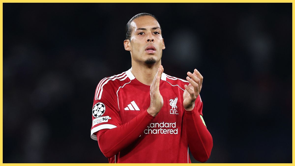 Virgil van Dijk of Liverpool applauds the fans after the UEFA Champions League 2025/26 Quarter-Final First Leg match between Paris Saint-Germain FC and Liverpool FC at Parc des Princes