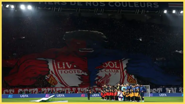 Paris Saint-Germain tifo during the UEFA Champions League 2025/26 Quarter-Final First Leg match between Paris Saint-Germain FC and Liverpool FC at Parc des Princes on April 08, 2026 in Paris