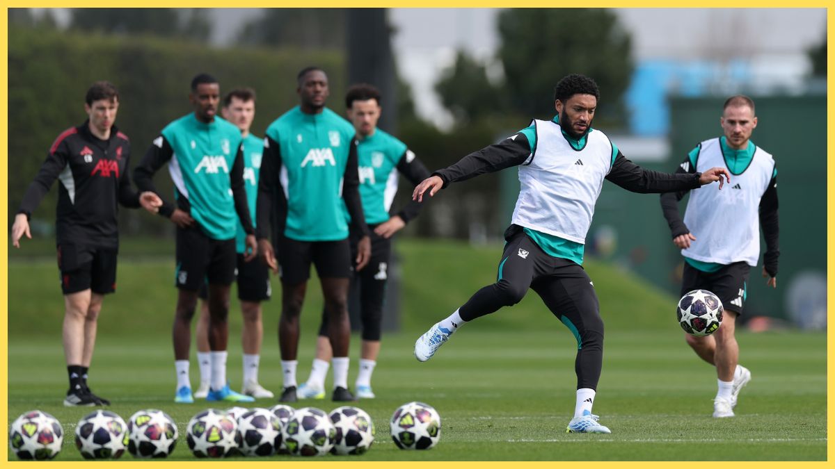 Joe Gomez and Alexis Mac Allister of Liverpool participate in the Liverpool FC Training Session ahead of their UEFA Champions League 2024/25 Quarter-Finals First Leg match against Paris Saint-Germain at AXA Training Centre