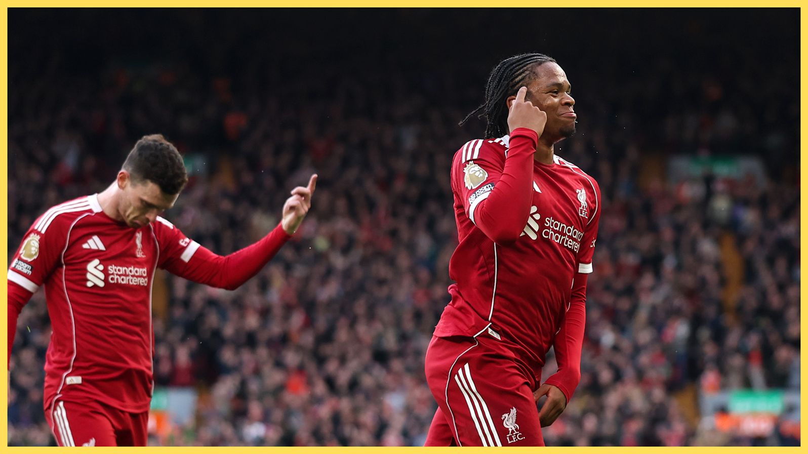 Rio Ngumoha taps his head during Liverpool game.