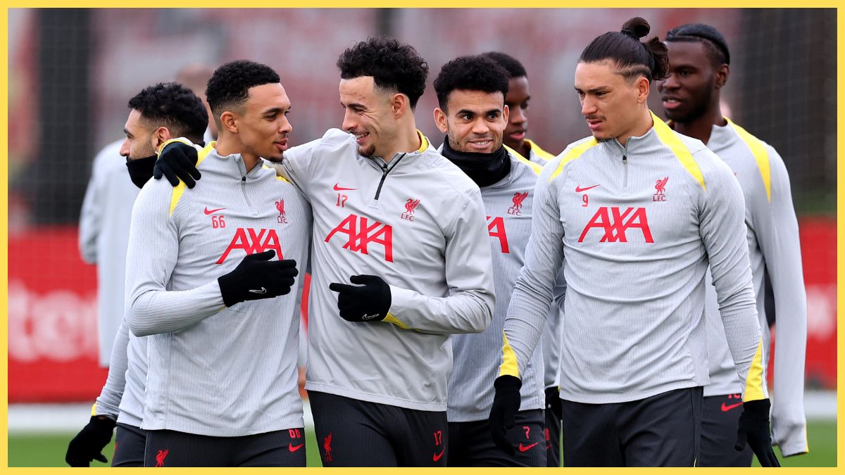 Trent Alexander-Arnold, Curtis Jones, Luis Diaz and Darwin Nunez of Liverpool during the UEFA Champions League 2024/25 League Phase MD6 training session at AXA Melwood Training Centre