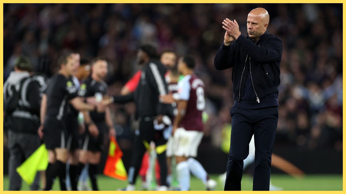 Arne Slot, Manager of Liverpool, applauds the fans after the Premier League match between Aston Villa and Liverpool at Villa Park