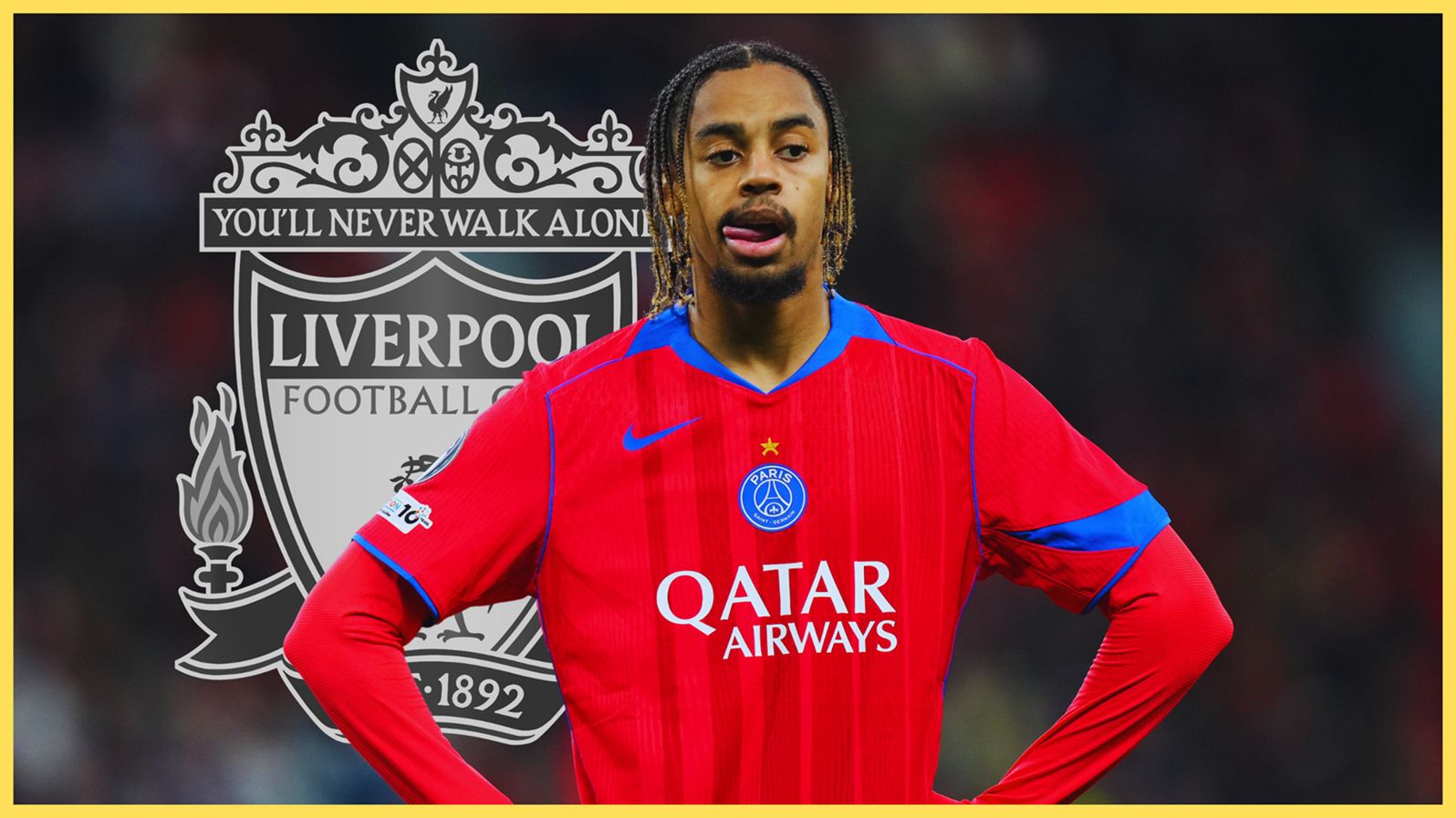 PSG's Bradley Barcola puts his hands on his hips in frustration in front of Liverpool club crest.
