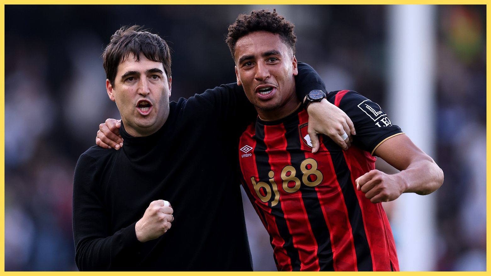 Incoming Liverpool manager Andoni Iraola celebrates with Bournemouth player.