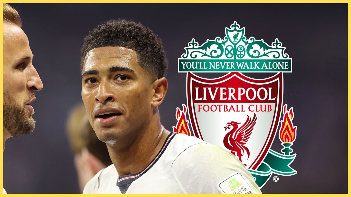 Jude Bellingham looks on in front of Liverpool club badge during England game at the World Cup.