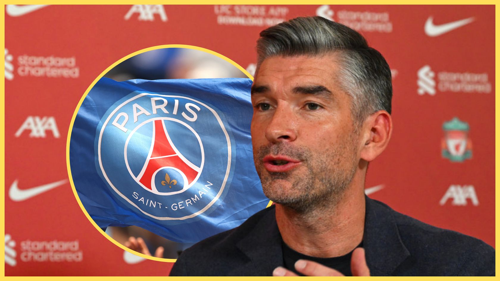 Liverpool sporting director Richard Hughes speaks next to PSG flag.