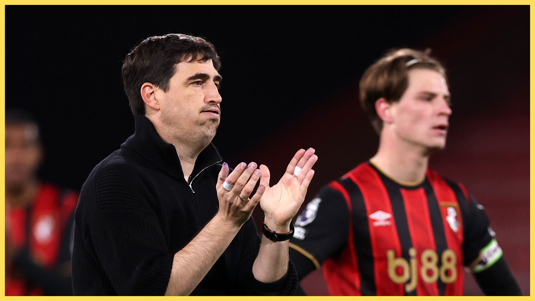 Liverpool manager Andoni Iraola claps his hands after Bournemouth game in the Premier League.