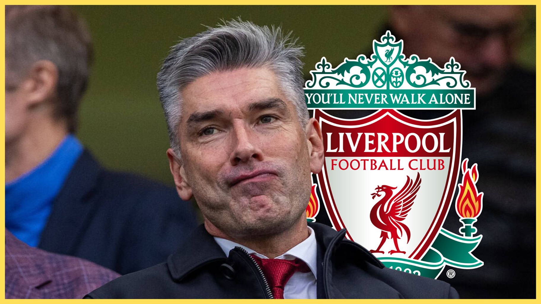 Liverpool sporting director Richard Hughes looks conflicted during Premier League game next to LFC club crest.