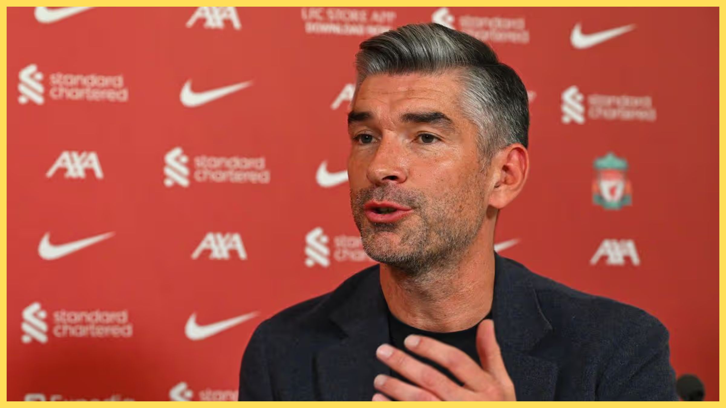 Liverpool sporting director Richard Hughes speaks during LFC press conference.