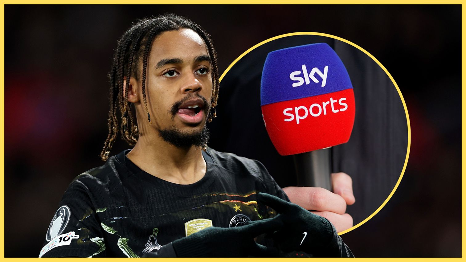Liverpool transfer target Bradley Barcola licks his lips next to Sky Sports microphone.