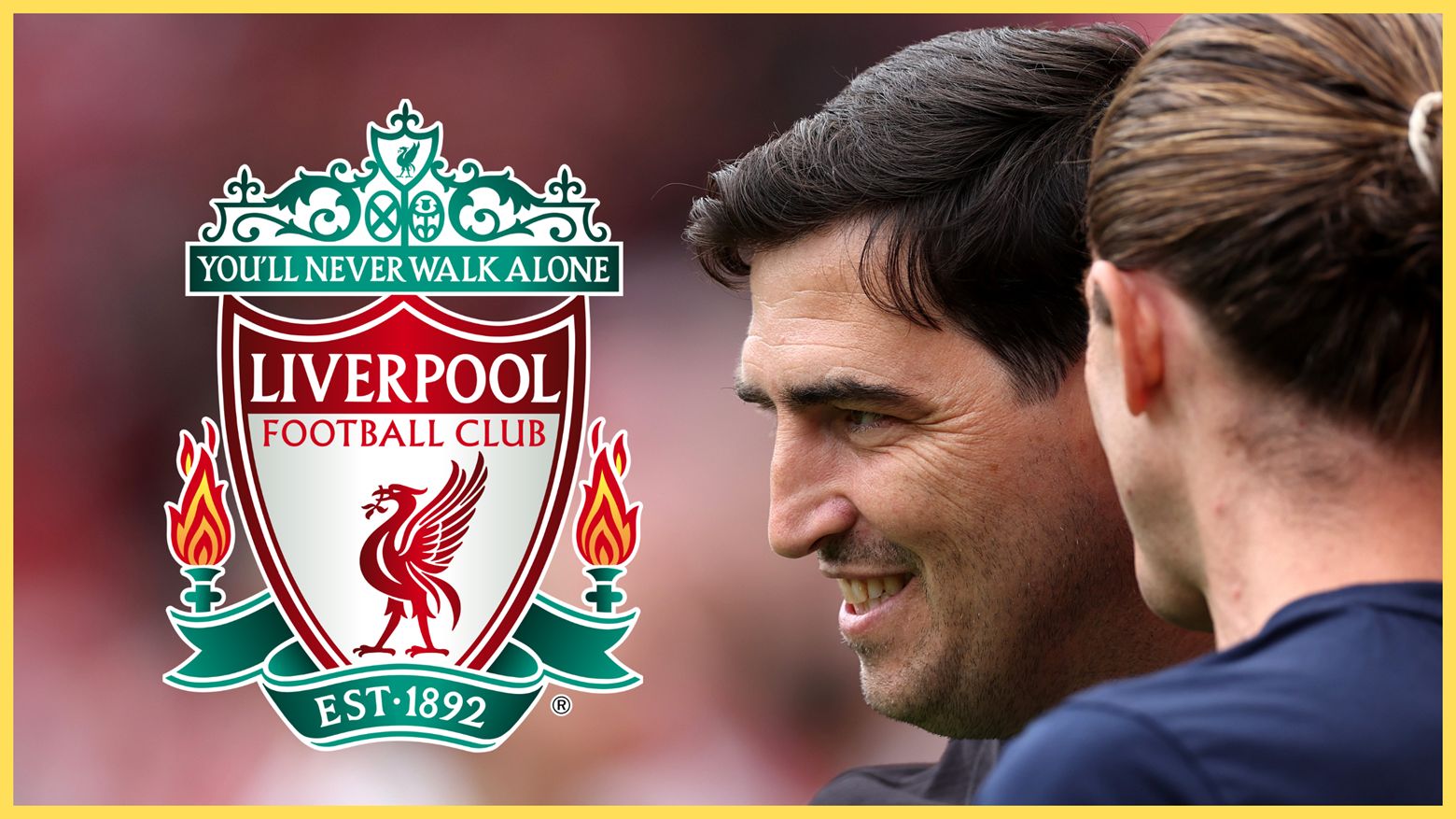 Andoni Iraola smiles looking at the Liverpool club crest.