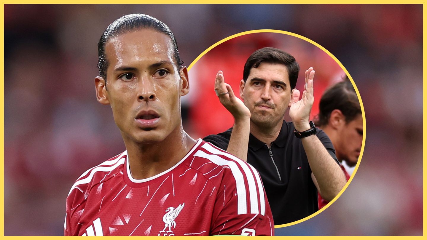 A sweating Virgil van Dijk looks on as Liverpool manager Andoni Iraola claps his hands in the background.
