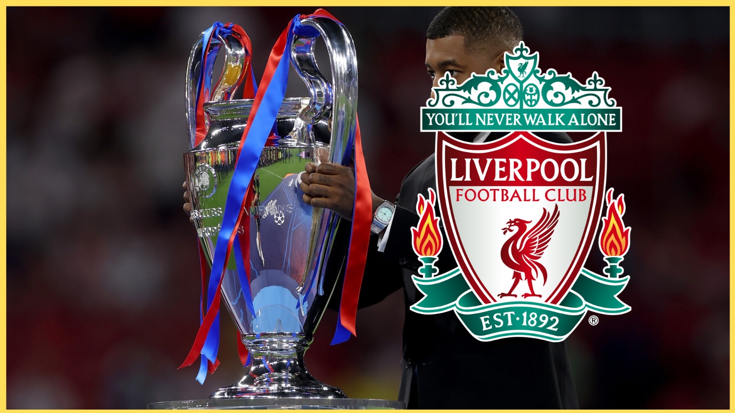 A picture of the Liverpool crest next to the Champions League trophy