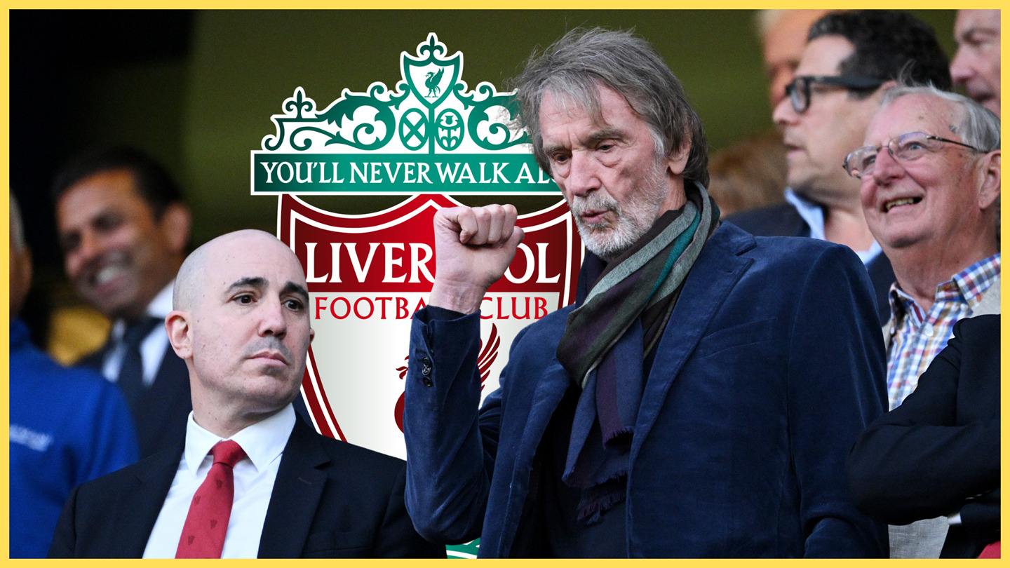 Manchester United chief Sir Jim Ratcliffe fist pumps in celebration in front of Liverpool club crest.