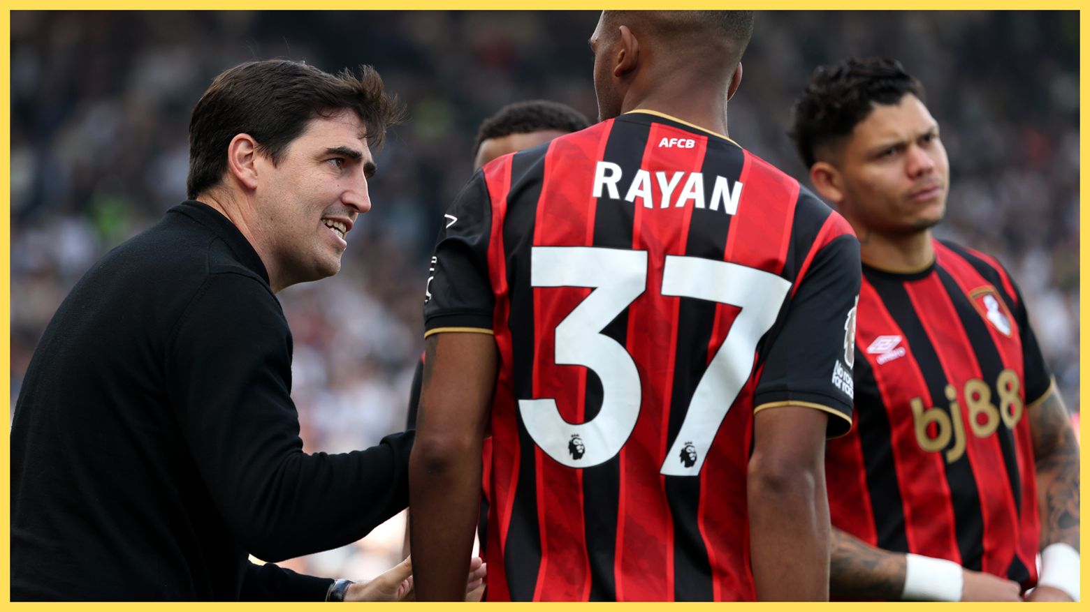 Liverpool manager Andoni Iraola speaks to Rayan of Bournemouth.
