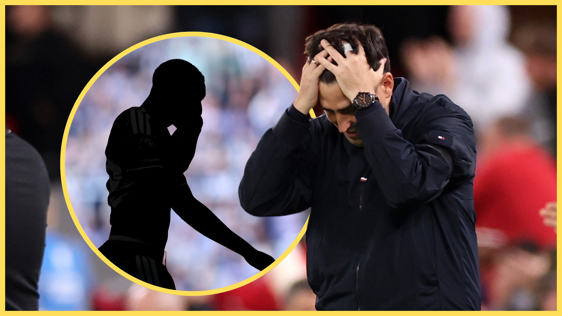 Liverpool manager Andoni Iraola puts his hands on his head in frustration next to silhouette of Ryan Gravenberch.