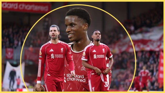 Liverpool midfielders Dominik Szboszlai and Ryan Gravenberch walk in front of a smiling Trey Nyoni.