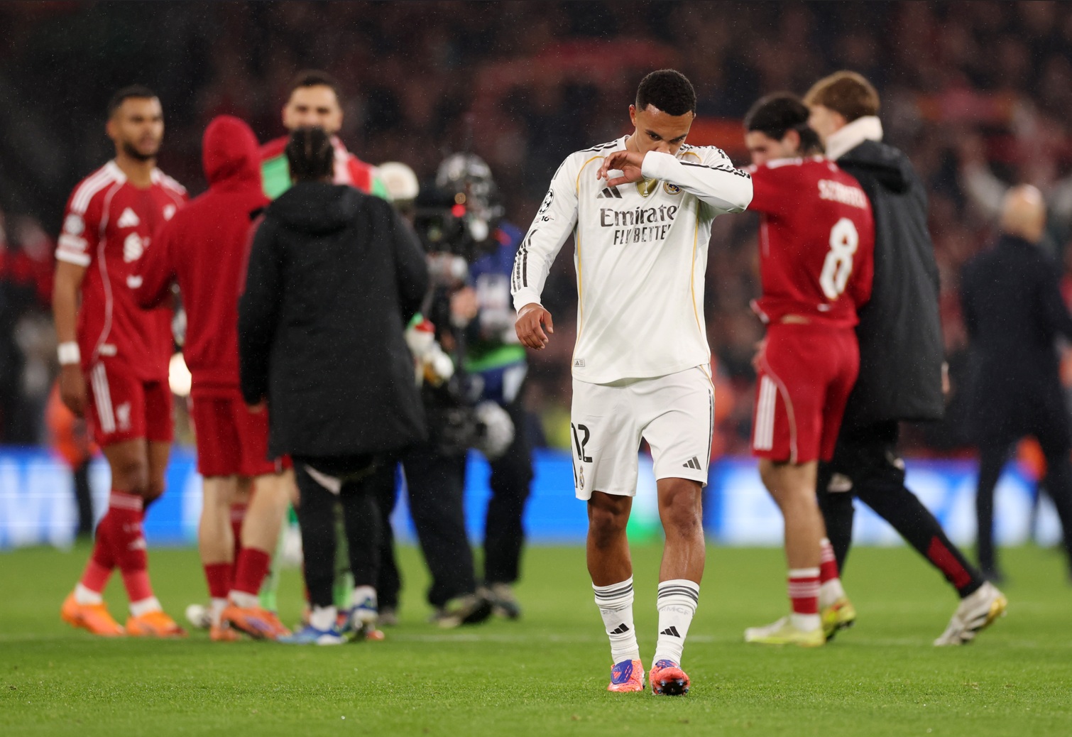 Trent Alexander-Arnold looks dismayed after Real Madrid's defeat to Liverpool in 2025