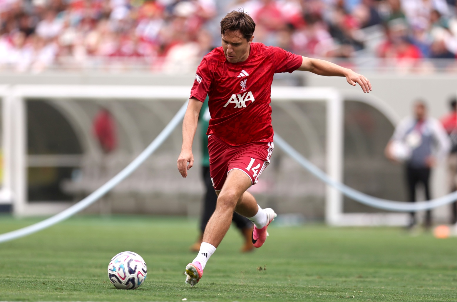 Federico Chiesa pictured during the warmup prior to a Liverpool match