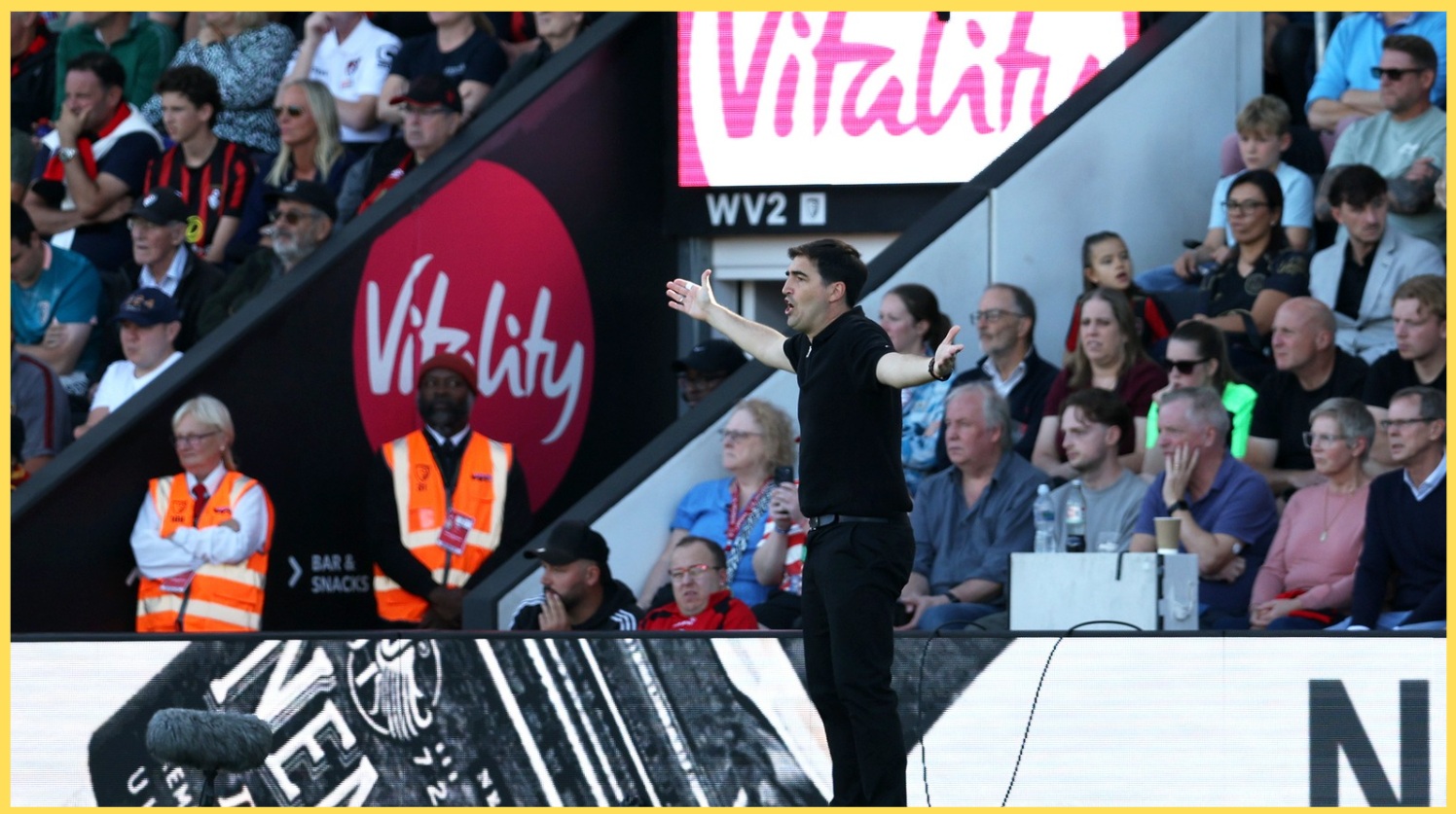 Andoni Iraola reacts during Liverpool's win over Bournemouth