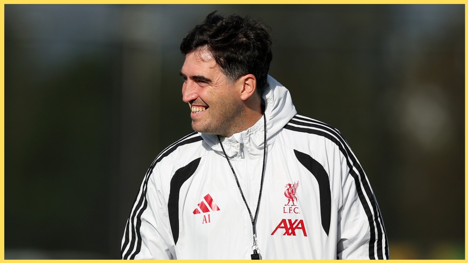 Andoni Iraola smiling during a Liverpool training session