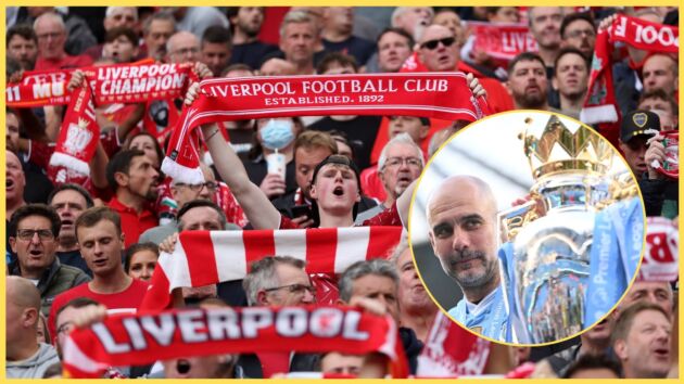 Liverpool fans hold up scarves at Anfield, with Pep Guardiola inset