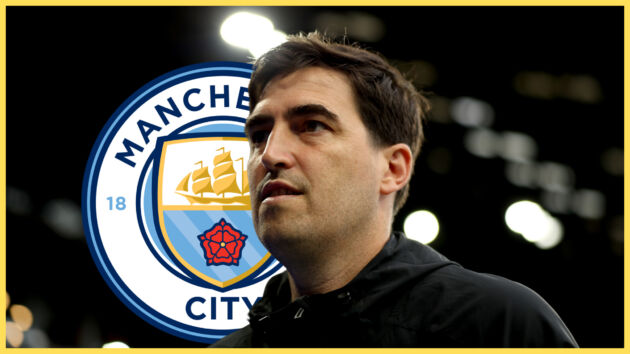 Liverpool head coach Andoni Iraola looks on in front of Man City badge.