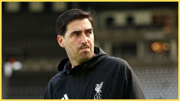 Liverpool manager Andoni Iraola looks on.