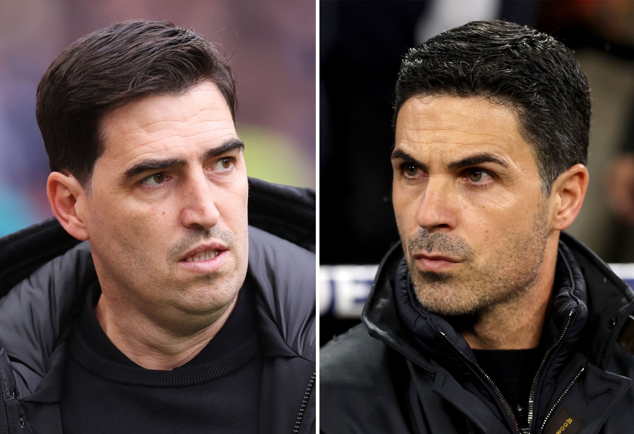 Mikel Arteta and Liverpool manager Andoni Iraola look at each other.