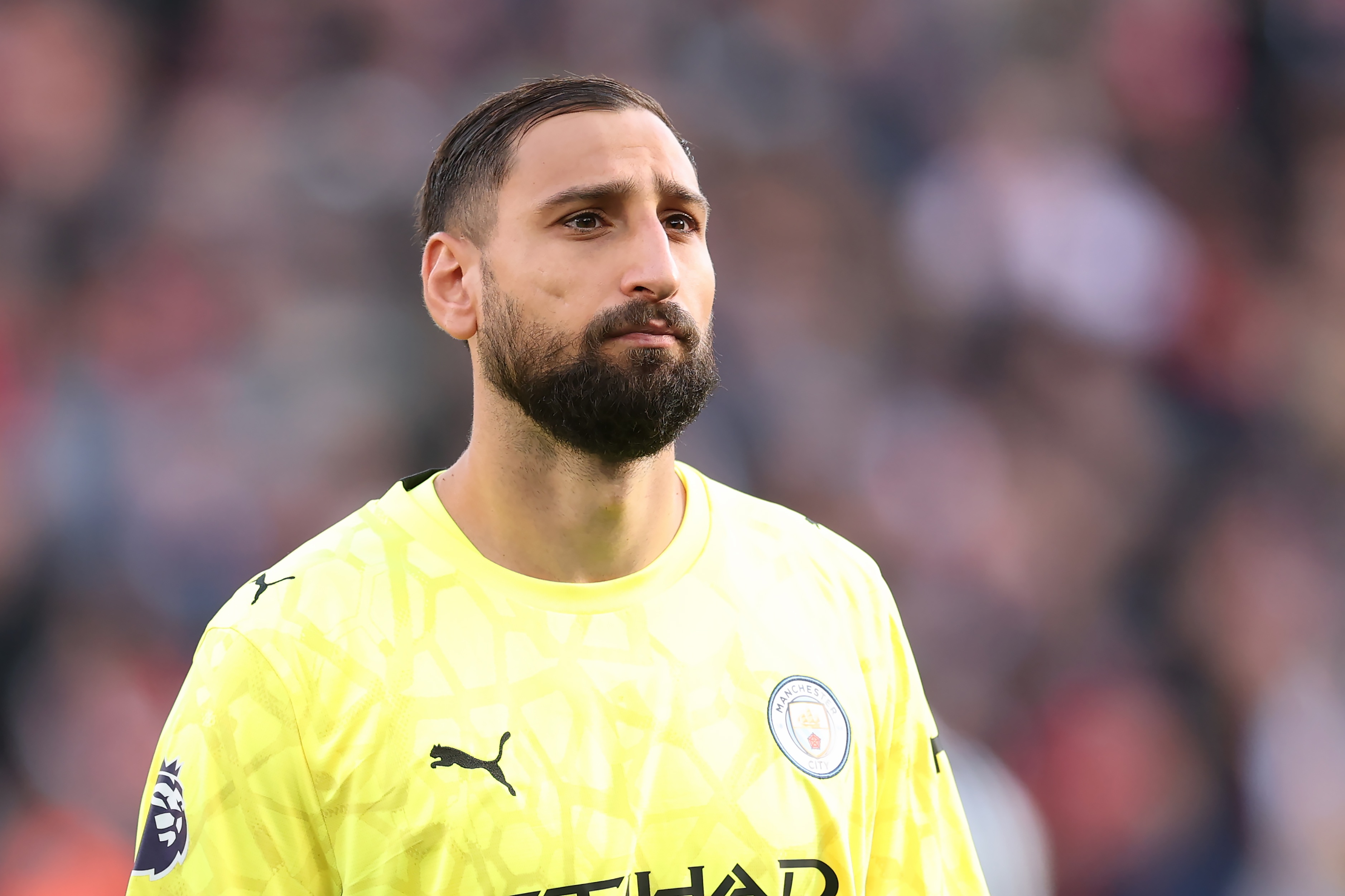 Man City goalkeeper Gianluigi Donnarumma looks on during Liverpool clash.