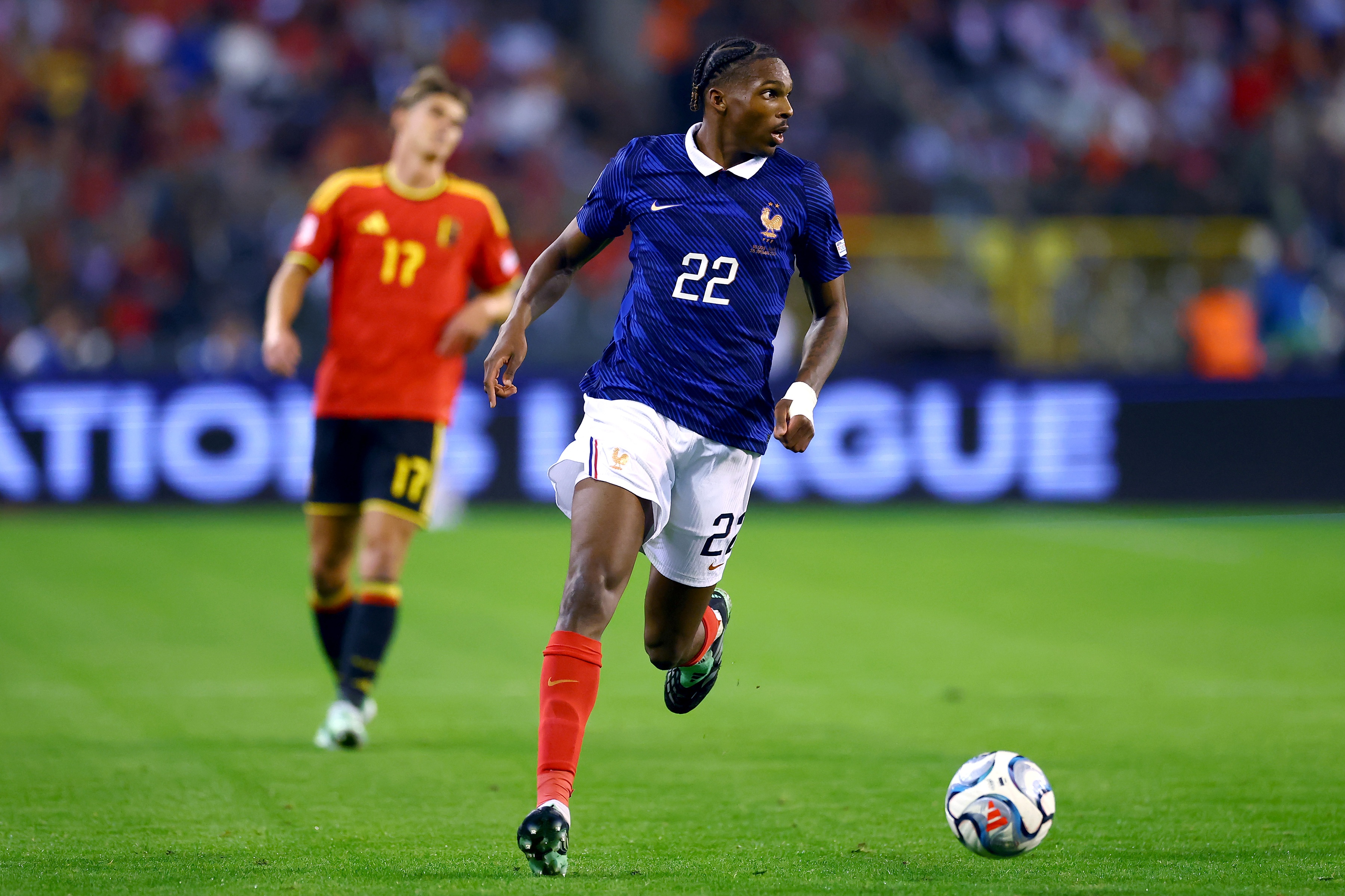 Liverpool defender Jeremy Jacquet dribbles on the ball during France game.
