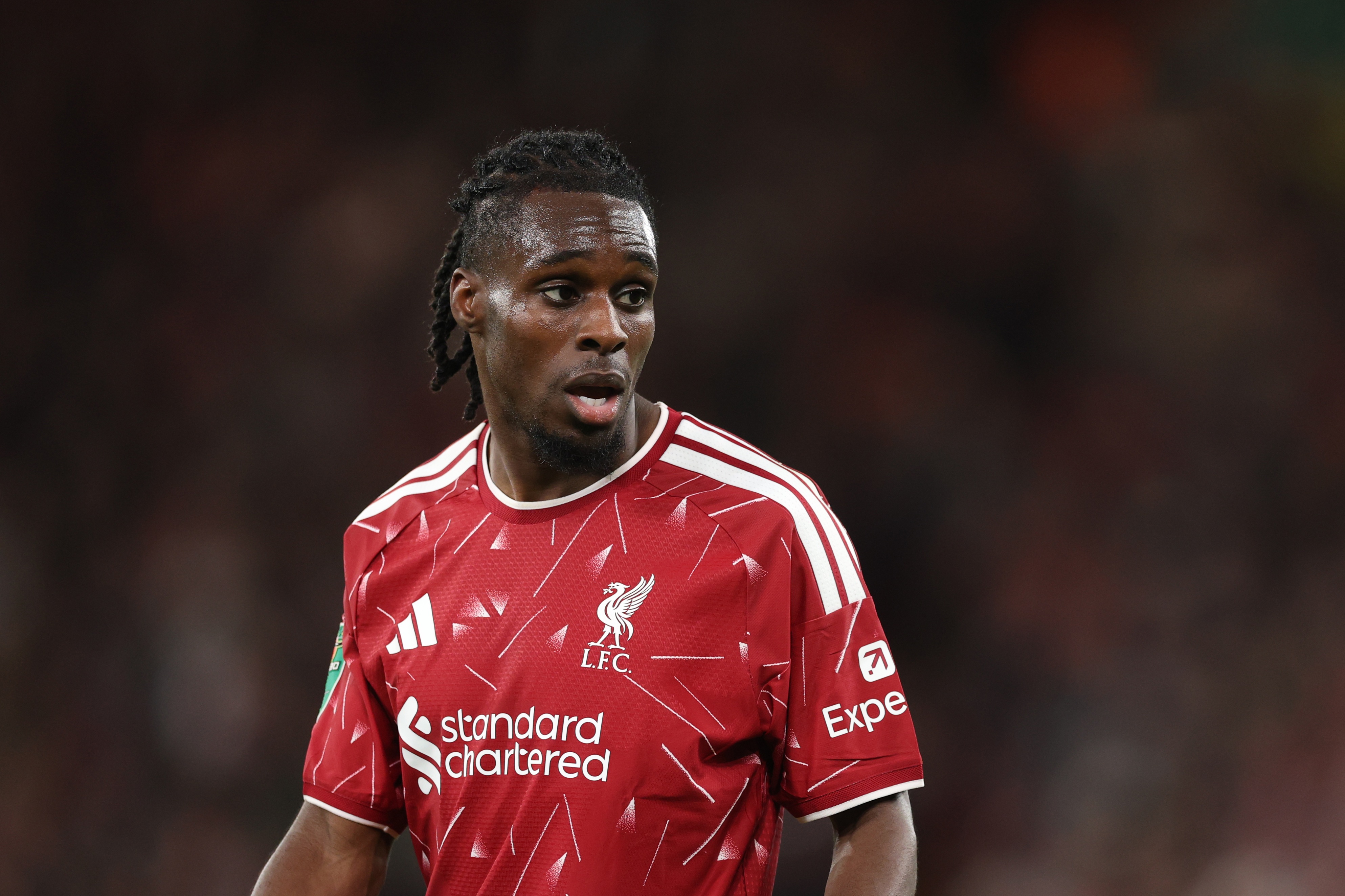 Jeremie Frimpong looks on during Liverpool game.