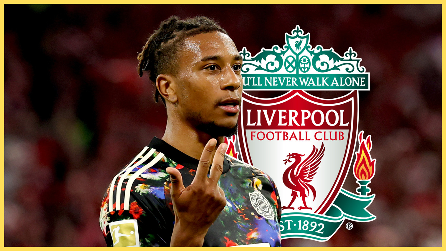 Bayern winger Michael Olise holds up three fingers in front of Liverpool club crest.