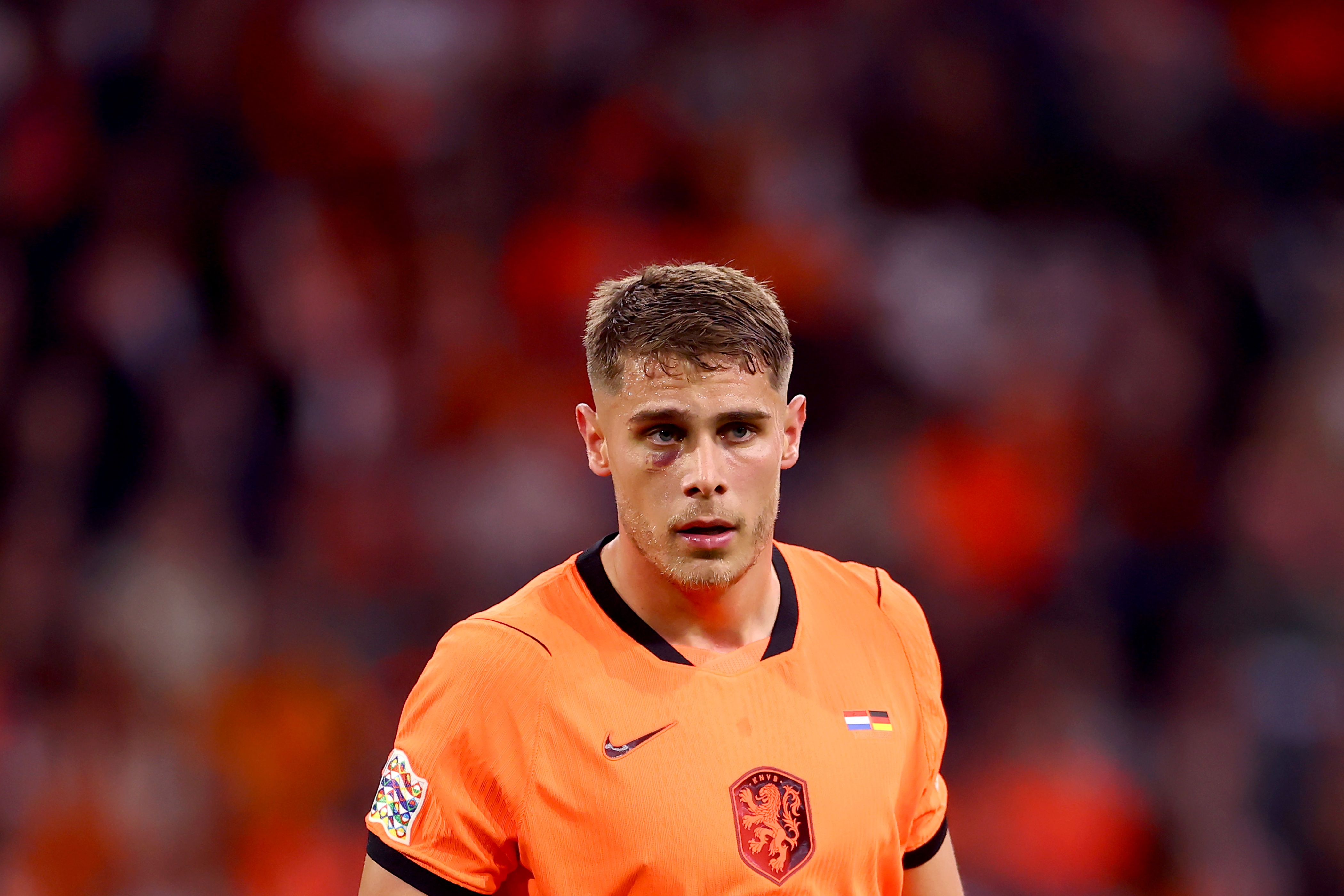 Liverpool transfer target Micky van de Ven looks on during Netherlands game.