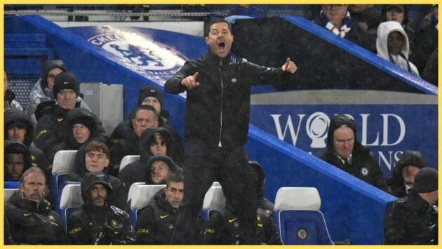 Xabi Alonso shouts instructions from the touchline at Stamford Bridge