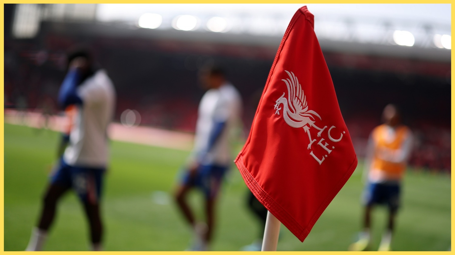 A photo of the Liverpool crest on a corner flag at Anfield