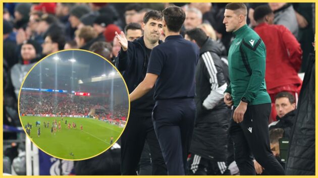 Andoni Iraola greets Inigo Perez after Liverpool's win over Villarreal