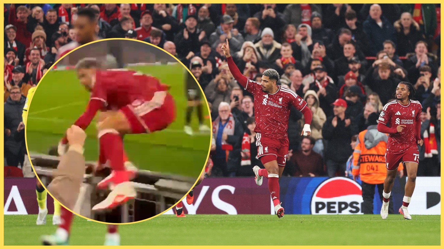 Ronald Araujo jumps into the crowd to celebrate his equaliser against Villarreal